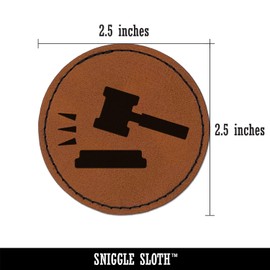 Gavel Judge Lawyer Icon Round Iron-On Engraved Faux Leather Patch Applique - 2.5 Inch - Brown