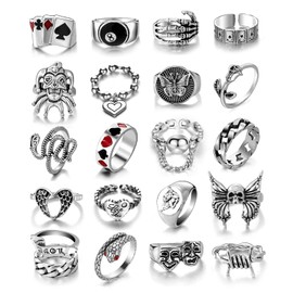 17IF 26-35 Pcs Vintage Silver Knuckle Rings Set for Women Men, Grunge Gothic Rings Chunky Aesthetic Snake Stackable Adjustable Punk Bulky Finger Alt Fairy Skull Frog Heart Star Flower Midi Ring Pack,
