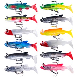 Set of 12 Fishing Lures + Box Rubber Fish 12g Bass Trout Walleye Gift for Men Treble Bait