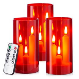 Hausware 3-in-1 Flameless LED Taper Candles with Remote – Battery Operated, Realistic & Portable Candles Set,3-Pack,Durable Indoor/Outdoor Decor (Red)