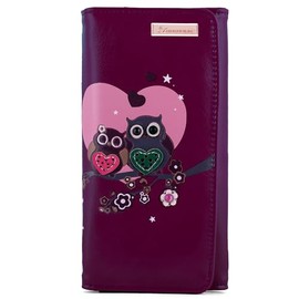 kukubird Love Birds Large Wallet PU Leather Bifold Card Holder with Zipper Coin Pocket Purse-Purple
