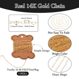 Pandahall 16.4 Feet 14K Gold Filled Heart Link Chains Permanent Jewelry Chains Heart Necklace Chains Soldered Golden Link Chains for Jewelry Making with Card Paper