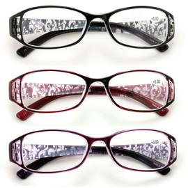 3 Pairs Women Rectangular Floral Readers - Fashion Reading Glasses Magnification (3 Pairs (Black/Maroon/Purple), 1.00)