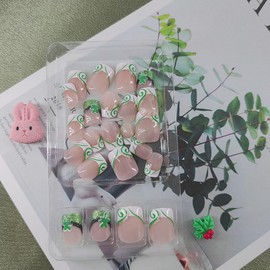 St. Patrick's Day Press on Nails Short Fake Nails Square Nails Press ons Glitter Glue on Nails Green Acrylic Nails French Tip False Nails with Shamrock Designs Nude Stick on Nails for Women 24Pcs