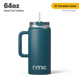 RTIC 64oz Road Trip Tumbler with Handle, Lid and Straw, Ceramic Lined, Insulated, Stainless Steel, Double Wall Vacuum-Insulation, Travel Cup, Marine