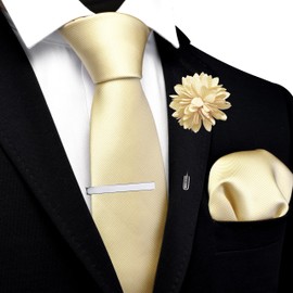 Branduce Light Yellow Tie Set for Men Wedding Solid Plain Necktie Pocket Square Tie Clip and Lapel Pin Brooch Set (TA15-43)