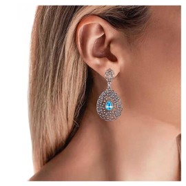 Allereya Vintage Teardrop Sapphire Dangle Earrings Tribal Totem Drop Earrings Lake Blue Gem Dangle Earrings Silver Hollow Oval Hoop Earrings Jewelry for Women and Girls (Lake Blue)