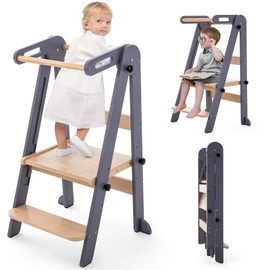 Foldable Toddler Tower, Kitchen Stool Helper, Standing Tower with 3 Adjustable Heights and Non-Slip-Strips, Learning Tower for Kids 1.5-6 Years, Montessori Stool for Kitchen Counter Sink, Grey