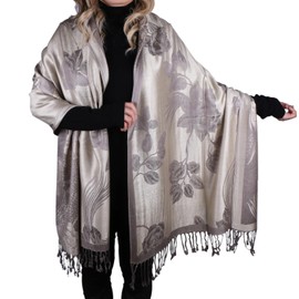 TZ Promise Women Soft Silky Pashmina Reversible Floral Rose Shawl Wrap Scarf w/Fringes (Khaki)