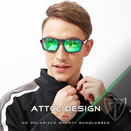 ATTCL Polarised Sunglasses Men's Sports Glasses with UV Protection Hexagonal TR90 Frame, Clear grey + green / mirrored