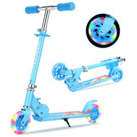 TENBOOM Scooter Toys for Kids Ages 6-12/3-5, Max Load 220 LBS, Foldable Lightweight Kick Scooter with Light Up Wheels, Kickstand, 3 Adjustable Levels, Rear Brake, Sky Blue