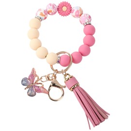 FBOUPYU Cute Silicone Beaded Keychain，Key Chain Holder for Car Keys Women Girl，Daisy Silicone Key Wristlet Resin Butterfly（Daisy Mouse head - Baby Pink）