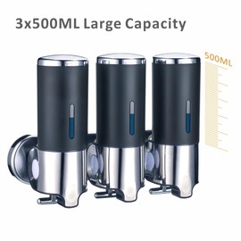 Black Wall Mounted Soap Dispenser for Shower, No Drilled WELLUP Shampoo Dispensers, 3-in-1 Chamber Bathroom Shower Soap Dispenser for Kitchen Bathroom, Matte Black