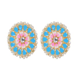 Gold Plated Indian Wedding Bollywood Enamel Pearl Stud Jhumki Earring Women Jewelry (TURQUOISE BLUE)