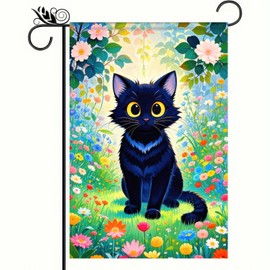BlissYard Spring Garden Flags 12x18 Double Sided Spring Garden Flags For Outside Spring Decor Black Cat with Colorful Flowers Backdrop Seasonal Outdoor Decoration Spring Banner For Home