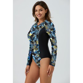 ECUPPER Rash Guard for Women Long Sleeve One Piece Swimsuit Zipper Front Bathing Suits Sun Protection Swimwear Built in Bra Green S