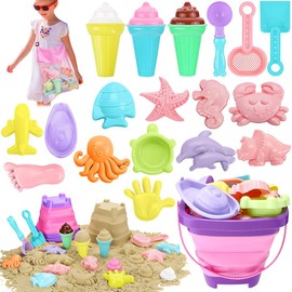 Nasjac Juguetes de Playa Niños, 40PCS Juguetes de Arena Incluye Cubo Arena y Pala Plegable, Juguete para Piscina Niños, Crab/Turtle/Dinosaurio/Helado, Regadera, Bolsa del Malla, Regalos Día del Niño