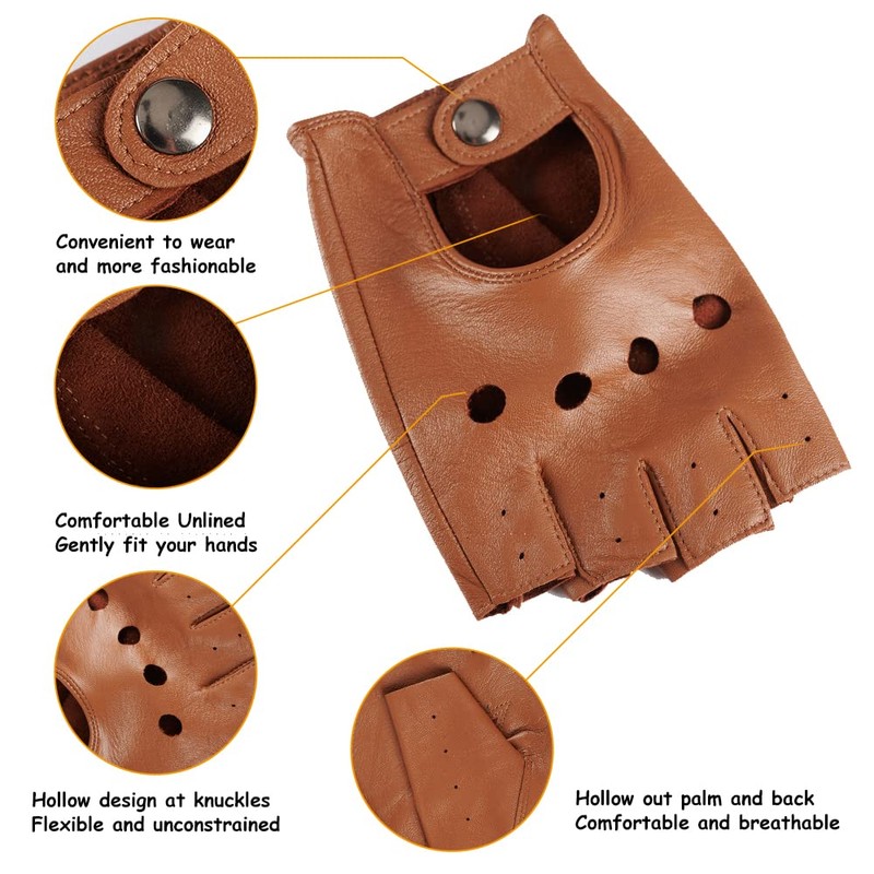 MGGMOKAY Fingerless Men's Half Finger Leather Drivers Gloves, Camel