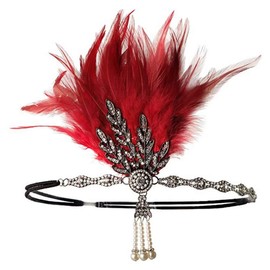 YEEBOM 1920s Flapper Accessories Set for Women, Roaring 20s Great Gatsby Feather Headband for Weeding Bride Party Burgundy