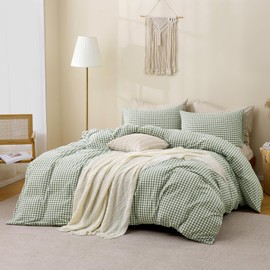 TOCOMOA Green Gingham Duvet Cover Bedding Set 100% Washed Cotton Like Linen Feel Super Soft Comfortable 3 Piece Vintage Plaid Checkered Comforter Cover Set (Queen 90"x90", Comforter Not Included)