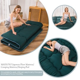 MAXYOYO Japanese Floor Mattress Futon Mattress, Thicken Sleeping Pad Foldable Roll Up Floor Futon for Adults Tatami Mat Dormitory Bed Lounger, Dark Green, Twin Size