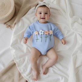 YINGISFITM Newborn Baby Girl Clothes 3D Floral Long Sleeve Sweatshirt Romper Bubble Onesie Fall Winter Infant Outfits (Blue, 3-6 Months)