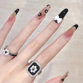 Medium Length Press on Nails, Artificial Acrylic Fake Nails for Women, 24PCS Full Cover Reusable False Nails Kits, Flowers Bow Nails Design, Glue on Nails Fake Nails