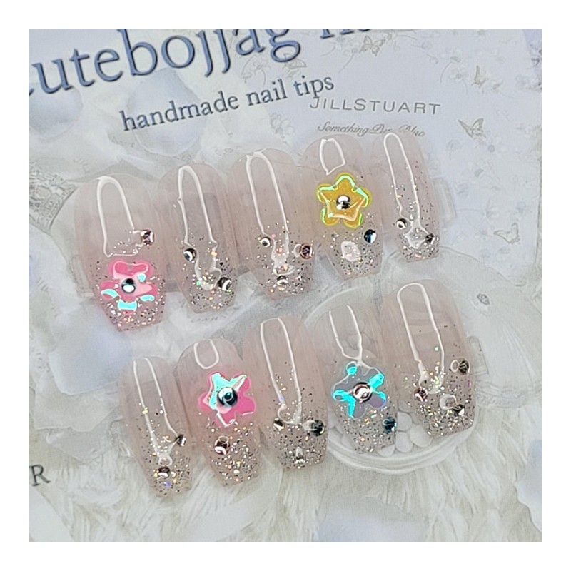 Glitter Flower Handmade Nail Tips - Almond S / 글리터