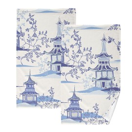 OTVEE Retro Ink Chinese Pagoda Hand Towels,Cotton Soft Bath Hand Towels for Bathroom Kitchen Hotel Spa Hand Towels Set of 2
