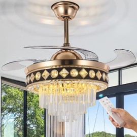 A Million Crystal Fandeliers Modern Crystal Chandelier Ceiling Fan with LED Lights 42" Retractable Blade Reversible Silent Motor Chandelier Fan for Bedroom Dining Room Living Room, Gold