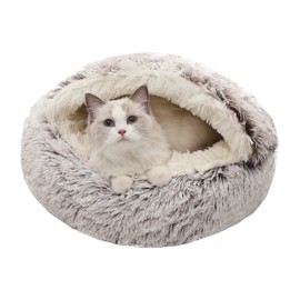 Calming Dog Beds & Cat Cave Bed with Hooded Cover,Removable Washable Round Beds for Small Medium Pets,Anti-Slip Faux Fur Fluffy Coved Bed for Improved Sleep,Fits up to 15/25 lbs(Medium,24"x24")