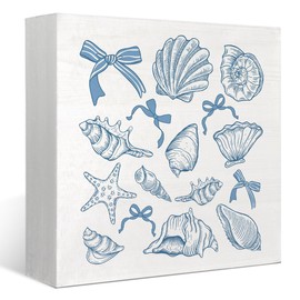 FLVGE Coquette Blue Bow Coastal Beach Seashell Starfish Pearl Wood Box Sign Plaques Desk Decor, Preppy Summer Desk Shelf Decoration, Positive Home Decoration, Ocean Theme Decoration(Christmas)