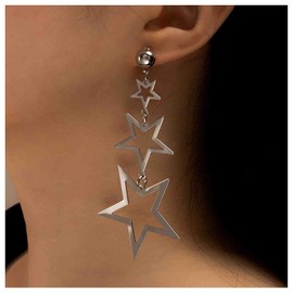 Cybche Boho Silver Hollow Star Dangle Earrings Long Triple Star Tassel Earrings Boho Long Star Earrings Big Statement Star Drop Earrings Jewelry for Women and Girls