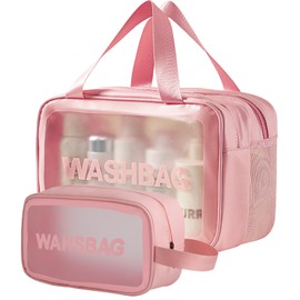2 PCS Clear Toiletry Bags for Women, Travel Toiletries Wash Bag with Handles, Wet Dry Separation Large Capacity PVC Makeup Bag for Girls (Pink)