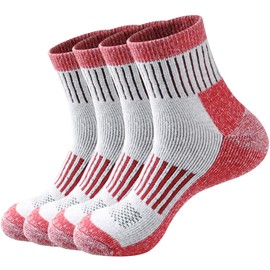 ECOEY Men's Merino Wool Cushioned Hiking Trekking Socks 4 Pairs, Quarter Length with Moisture Wicking (Red, US Shoe Size: Men 12-15/Women 13.5-15.5)
