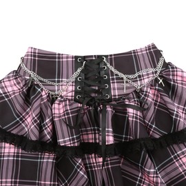 FDKLOOK Womens Pink Plaid Tartan Tie Waist Double Layered Lace Ruffles Y2k Punk Mini Goth Skirts with Chain S