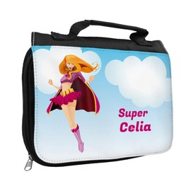Wash Bag with Name Celia and Superheroine Design for Girls Toiletry Bag with First Name Wash Bag for Children