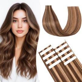 tesshair Tape in Hair Extensions Human Hair Thin Type 10 Pcs Invisible Skin Weft Remy Real Hair Extension Tapes Natural Tape Extensions for Women Girls(Medium Brown & Dark Blonde, 15g) - 10Inch