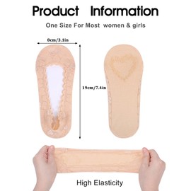 Kordear Women No Show Socks - 6 Pairs Non Slip Lace Invisible Socks, Lace Socks Women Shoe Liners Ultra Low Cut Liner Socks Lace Boat Socks for Sneakers High-heel Shoes