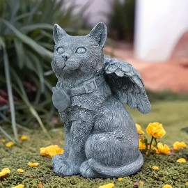 Dark Colored Hand-painted Winged Cat-shaped Resin Figurine Solar-Powered Light Decor Ornament for Home Garden with Animal ThemeColor: Gray, Size: One Size