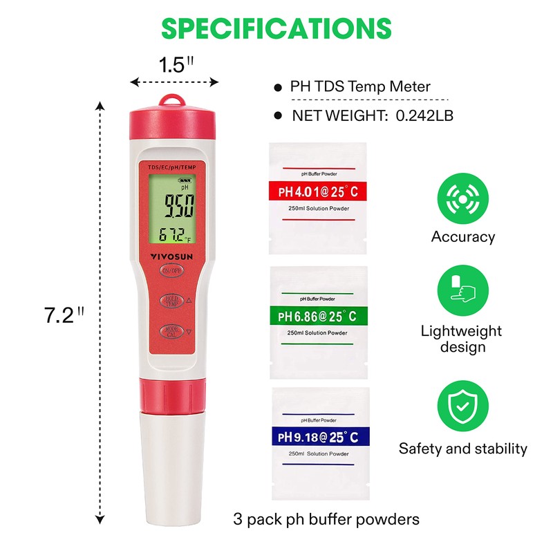 VIVOSUN 4-in-1 Digital pH Meter with pH/TDS/EC/Temp Function, 0-14.0 pH