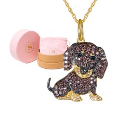 SCAMPER & CO Dachshund Pendant Necklace for Women and Girls - Genuine Gemstone and Cubic Zirconia Puppy Charm with Elegant Bone Pattern Backplate on Real,18K Yellow Gold Sterling Silver Chain, 18 inch