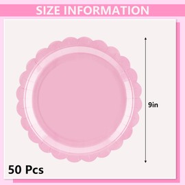 50 Pcs Light Pink Paper 9 Inch Pink Scalloped Plates Disposable Dinner Plates