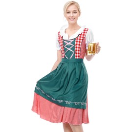 Angenster Dirndl Women's Midi, Dirndl Women's Oktoberfest Women's Outfit Costume Fashion Checked Dirndl Dress with Apron, Costume Skirt Dirndl Women's Blue, Dirndl Dresses Women for Oktoberfest, Green