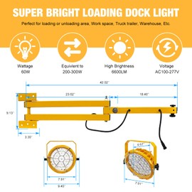 G GJIA 60W 6600LM LED Loading Dock Lights with 40'' Swing Folding Double Arm, AC100-277V, 360° Rotatable LED Lamp Head, ETL Listed, IP65 Waterproof for Trailers, Docks, Warehouses, Container.