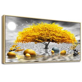 Framed Canvas Wall Art For Living Room Large size Boho Wall Decor For Bedroom Black And White Wall Pictures Yellow Tree wall Painting Office Wall Decor Home Decoration Natural Wood Framed 20" X 40"