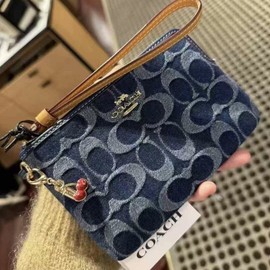 Coach NWT Limited Coach CZ452 Signature Denim Corner Zip Wristlet with Cherry Charm