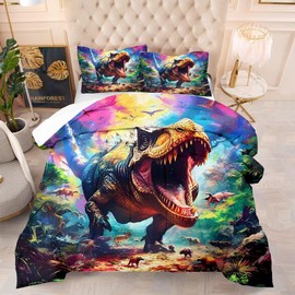 VTKON Kids Colorful Dinosaur Comforter Set Queen Size for Boys Tie Dye Dino Quilt Set Soft Microfiber Dino Bed Set for All Season Use Dinosaur Bedding Set with 1 Comforter + 2 Pillowcases