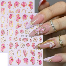 Spring Nail Art Stickers Decals Gold Edge Flowers Nail Stickers 6PCS Pink Cherry Blossoms Pattern Design 3D Self-Adhesive Nail Decals Nail Art Supplies for Women Spring DIY Nail Art Decorations