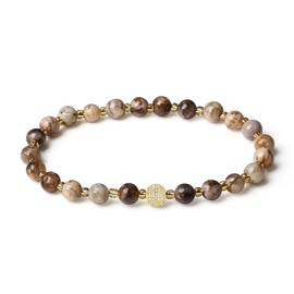 SaDiao Stretch Bracelets 6MM natural Gemstone with 18K White Gold ball Bracelet (Coffee Agate)